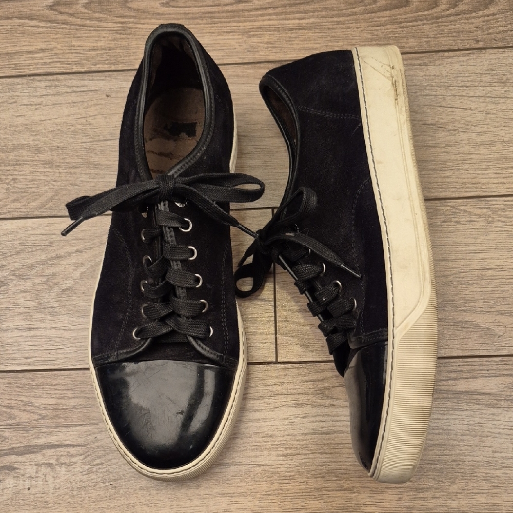LANVIN Cap Toe Suede Patent Black Leather Men's Sz 7 Shoes Sneakers‎